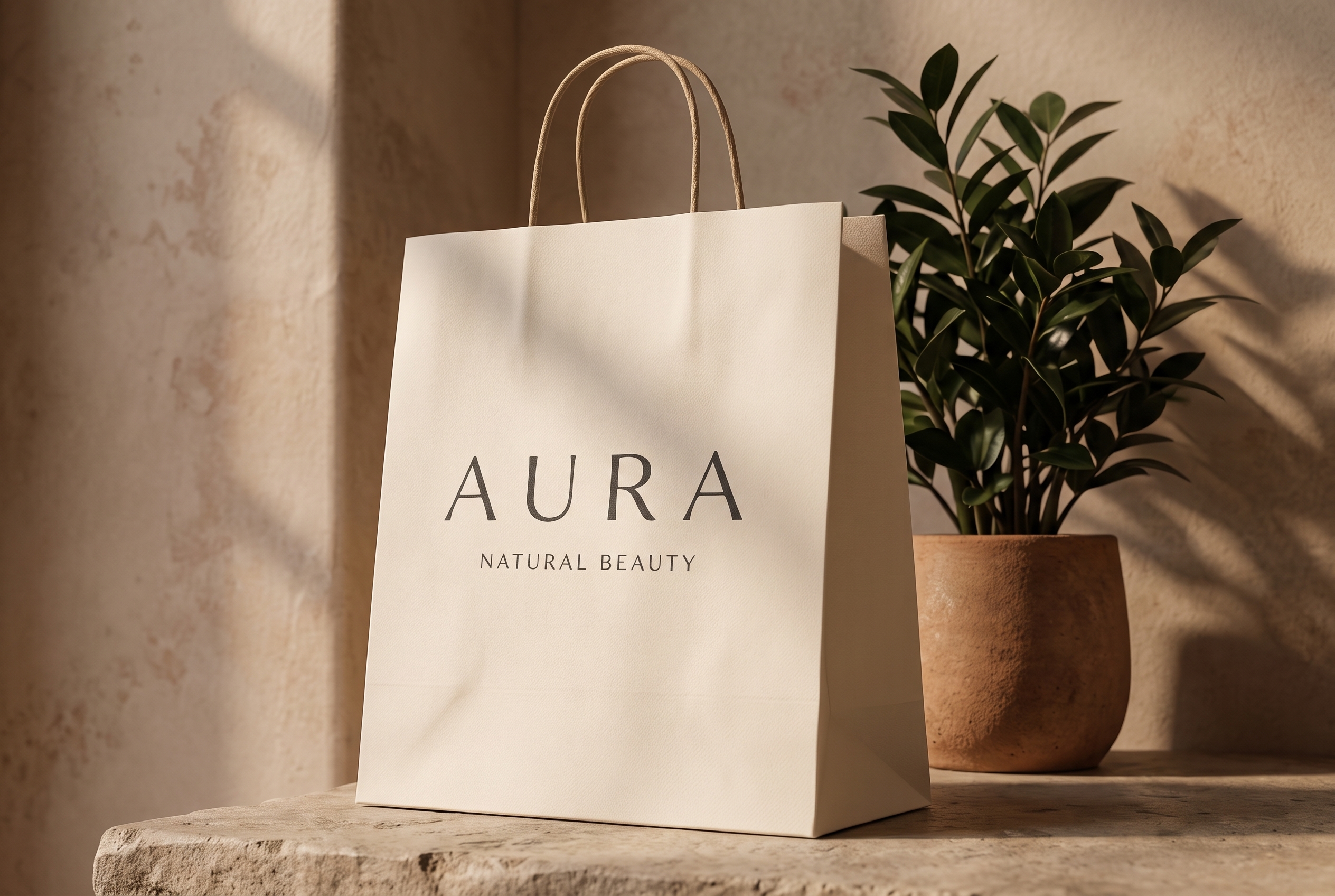 AURA paper shopping bag in warm shadow