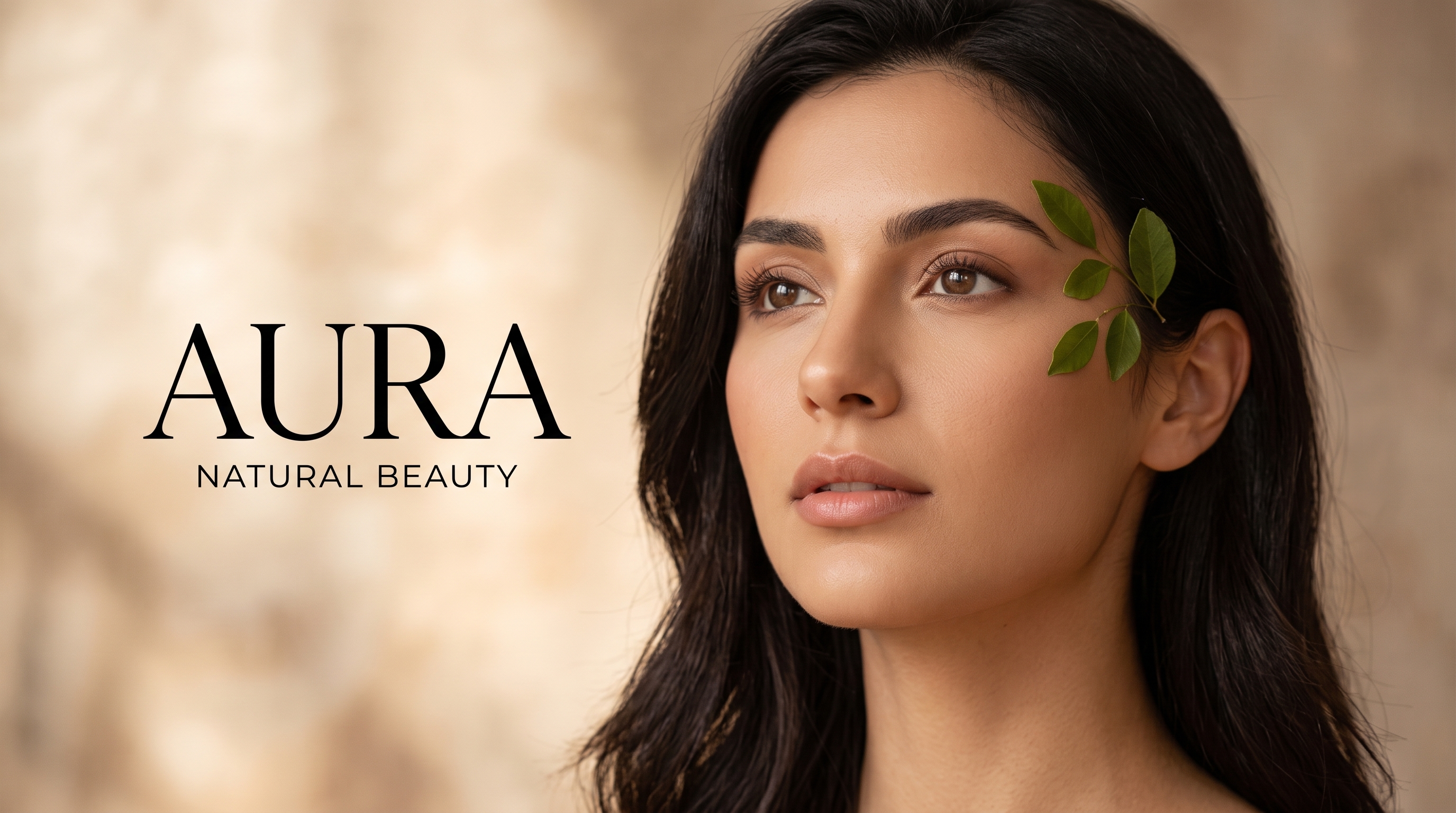 AURA campaign portrait with the wordmark set in soft light