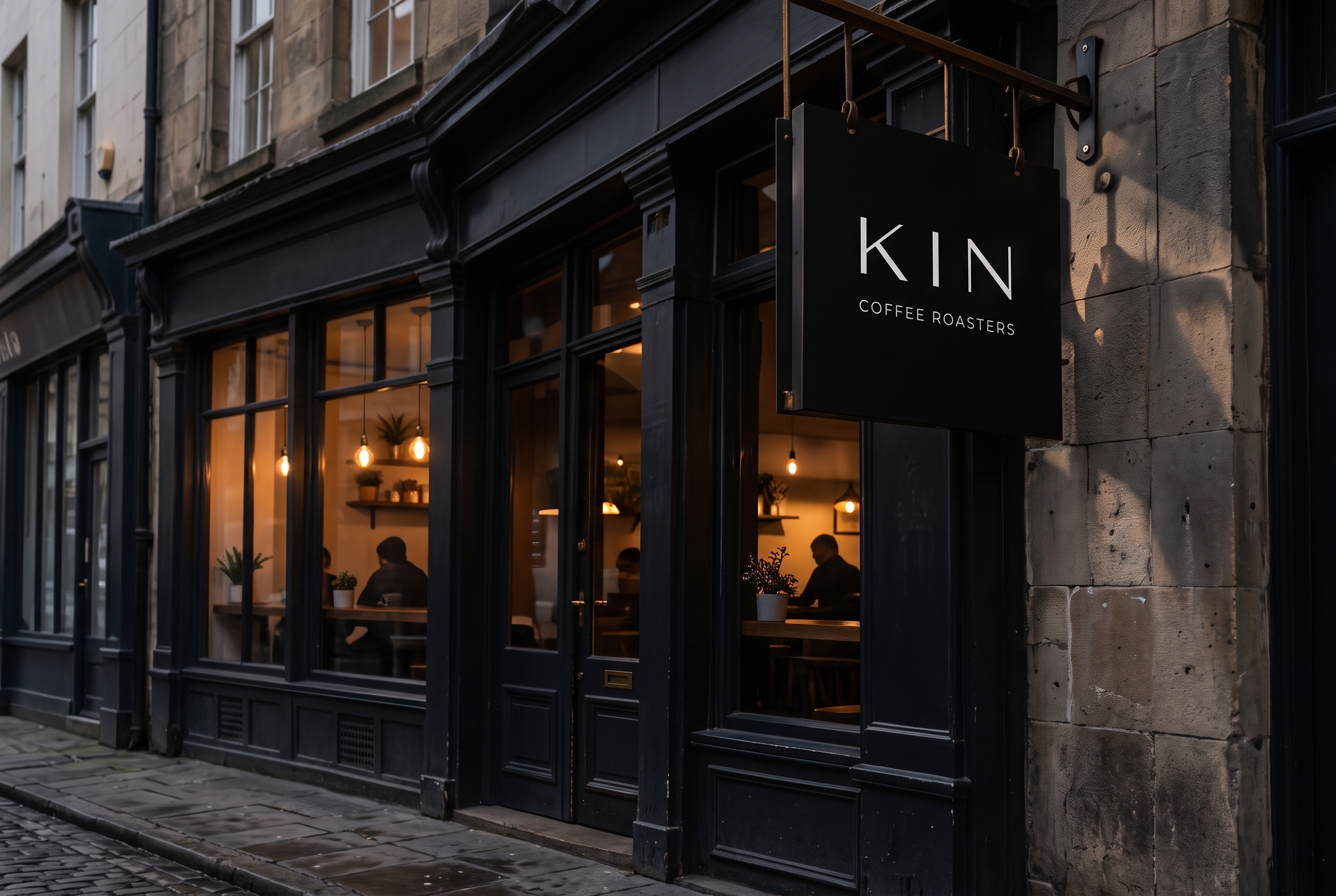 KIN hanging sign outside the café