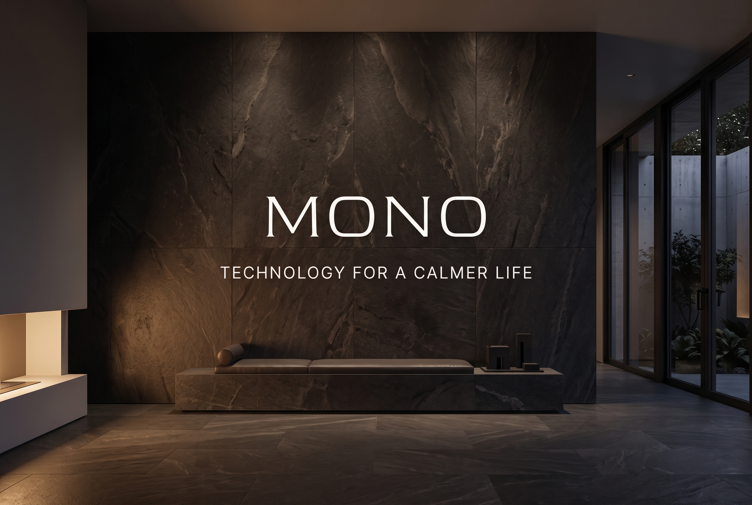 MONO wordmark on a dark lobby wall