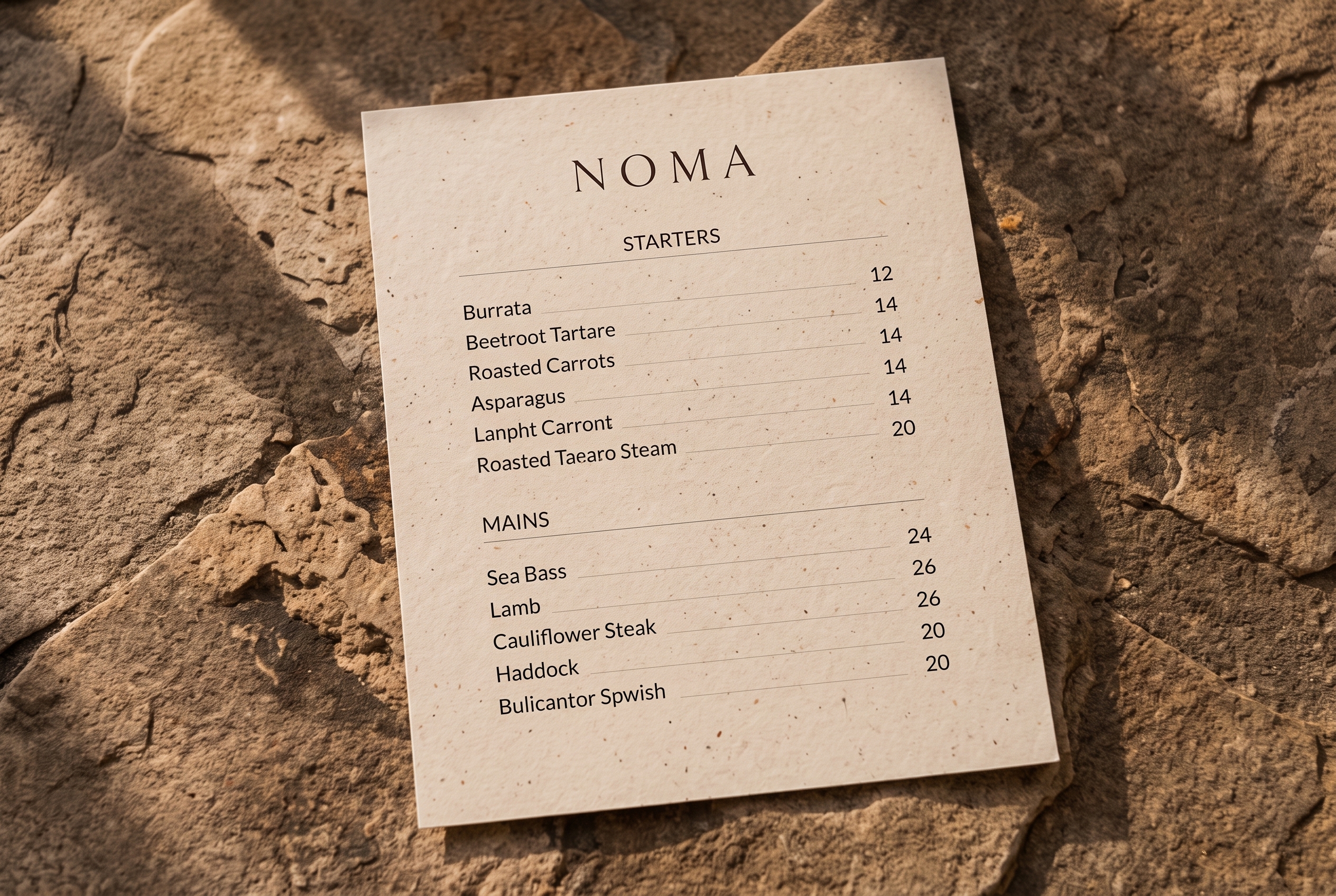 NOMA printed menu on stone
