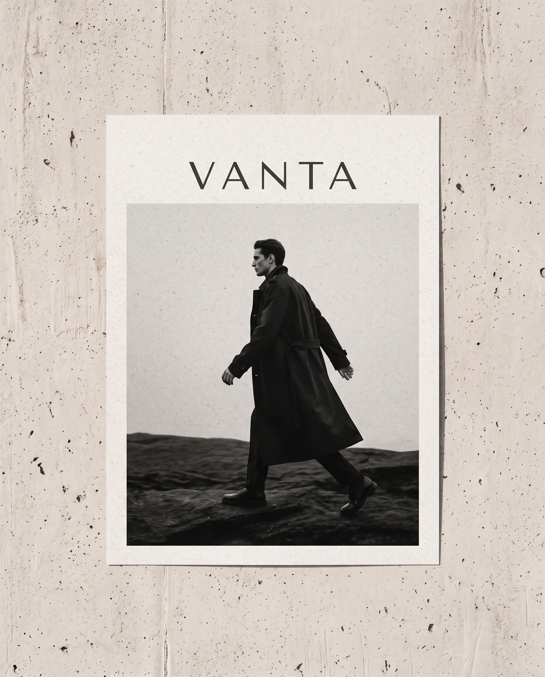 VANTA poster of a figure walking in black