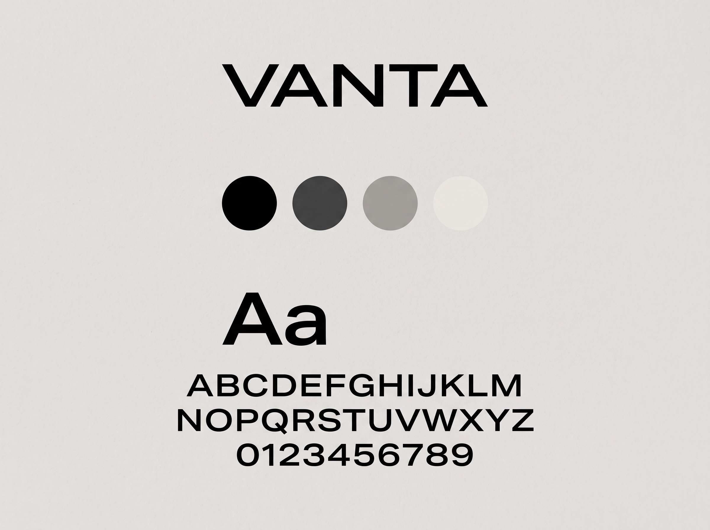 VANTA brand sheet with wordmark, colour palette and typeface